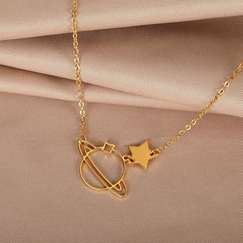 18K Gold Saturn Necklace, Gold Celestial Necklace, Galaxy Pendant, Dainty Galaxy Necklace for Women, Gift for Her