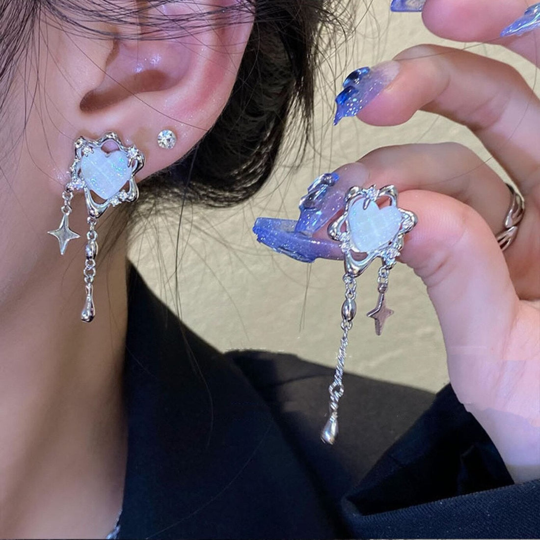 Korean Fashion Earrings, Wind Tassel Earrings, Heart Drop Earrings, Korean Heart Dangle Earrings for Women, Gift for Her