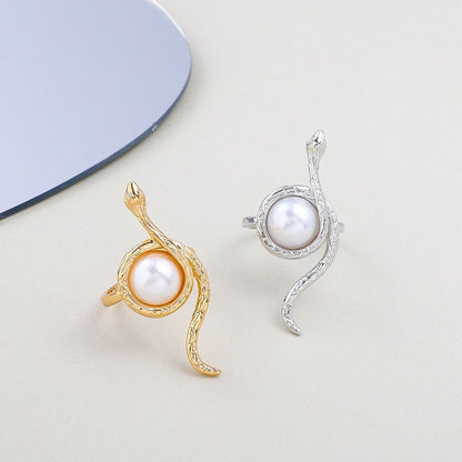 Punk Snake Ring, 18K Gold Snake Ring, Gothic Snake Ring, Imitation Pearl Snake Ring, Punk Fashion Ring for Women, Gift for Her