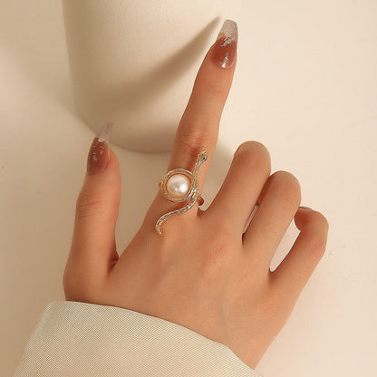 Punk Snake Ring, 18K Gold Snake Ring, Gothic Snake Ring, Imitation Pearl Snake Ring, Punk Fashion Ring for Women, Gift for Her