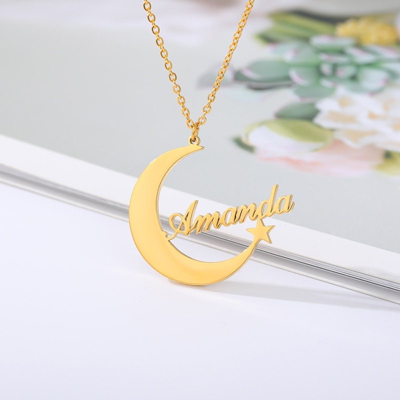 Custom Name Necklace, 18K Gold Name Necklace, Gold Moon Necklace, Moon Name Necklace, Personalized Name Moon Necklace for Women