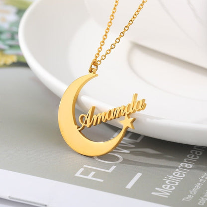 Custom Name Necklace, 18K Gold Name Necklace, Gold Moon Necklace, Moon Name Necklace, Personalized Name Moon Necklace for Women