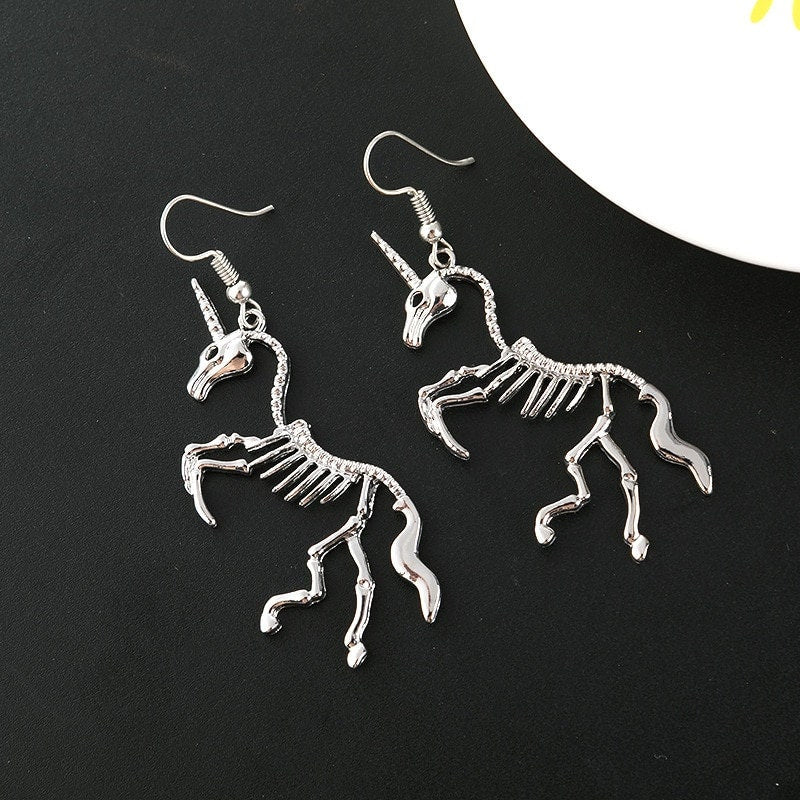 Punk Horse Skeleton Drop Dangle, 18K Gold Everyday Earrings, Gothic Dainty Minimalist Jewelry, Delicate Handmade for Women, Gift for Her