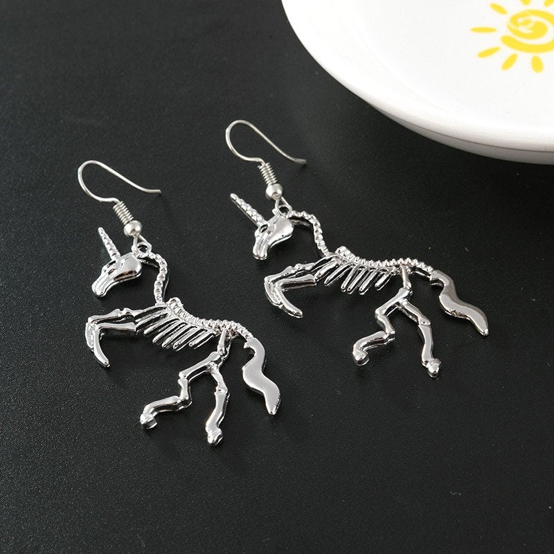 Punk Horse Skeleton Drop Dangle, 18K Gold Everyday Earrings, Gothic Dainty Minimalist Jewelry, Delicate Handmade for Women, Gift for Her