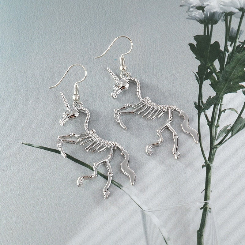 Punk Horse Skeleton Drop Dangle, 18K Gold Everyday Earrings, Gothic Dainty Minimalist Jewelry, Delicate Handmade for Women, Gift for Her