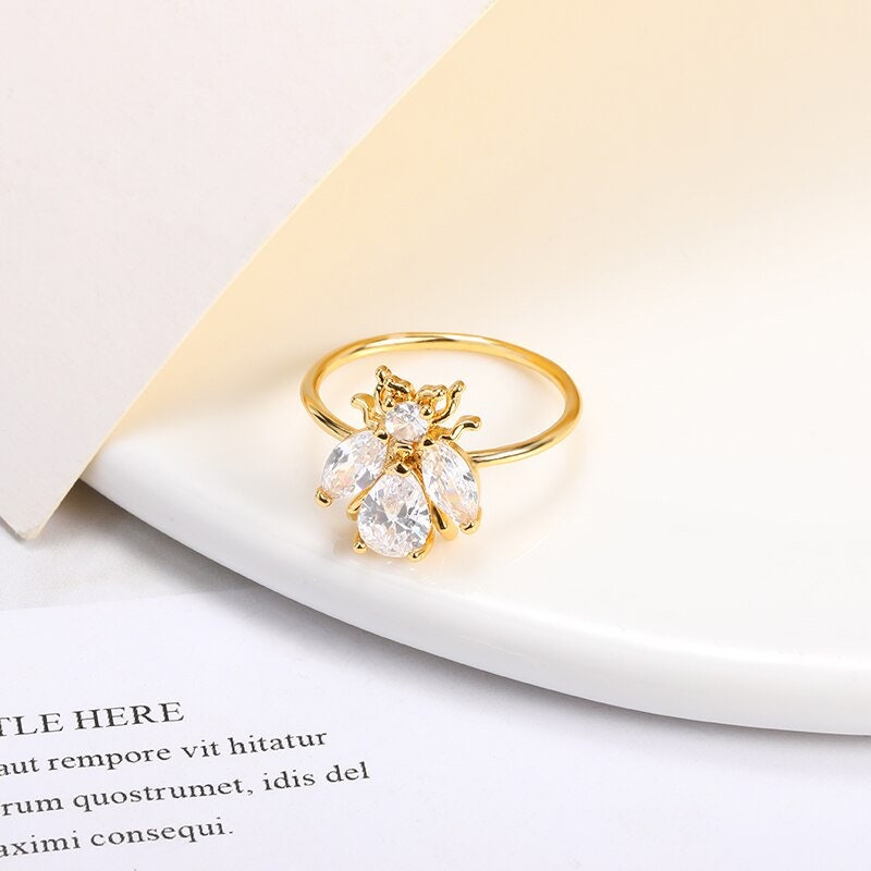 Boho Cicada Beetle Crystal, 18K Gold Yogi Stackable Ring, Dainty Minimalist Jewelry, Delicate Handmade for Women, Gift for Her