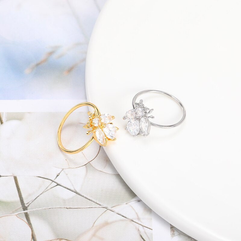 Boho Cicada Beetle Crystal, 18K Gold Yogi Stackable Ring, Dainty Minimalist Jewelry, Delicate Handmade for Women, Gift for Her