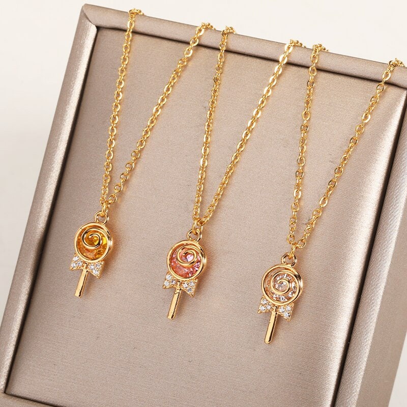 Punk Lollipop Candy Pendant, 18K Gold Layered Necklace, Gothic Dainty Minimalist Jewelry, Delicate Handmade for Women, Gift for Her