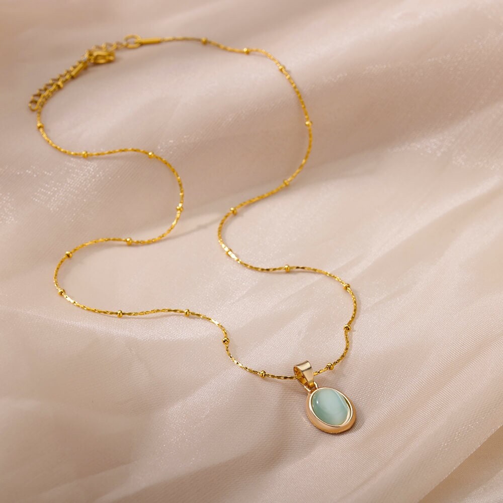 Boho Round Opal Pendant, 18K Gold Layered Yogi Necklace, Dainty Minimalist Jewelry, Delicate Handmade for Women, Gift for Her