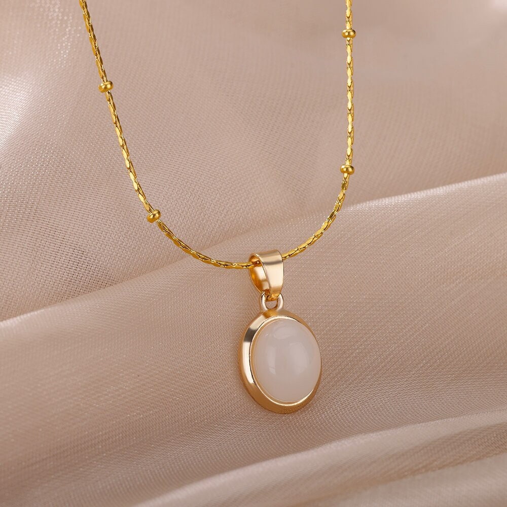 Boho Round Opal Pendant, 18K Gold Layered Yogi Necklace, Dainty Minimalist Jewelry, Delicate Handmade for Women, Gift for Her