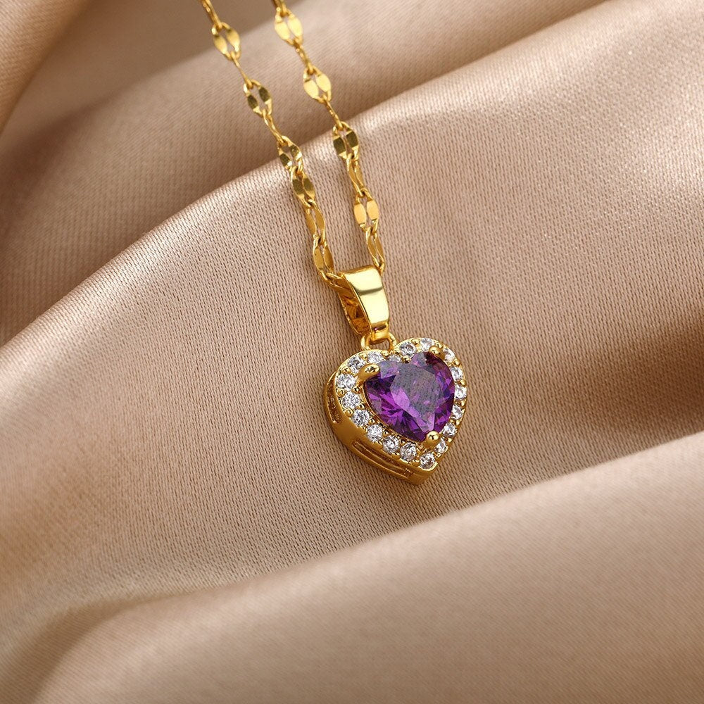 Punk Purple Crystal Heart Pendant, 18K Gold Layered Necklace, Gothic Dainty Minimalist Jewelry, Delicate Handmade for Women, Gift for Her