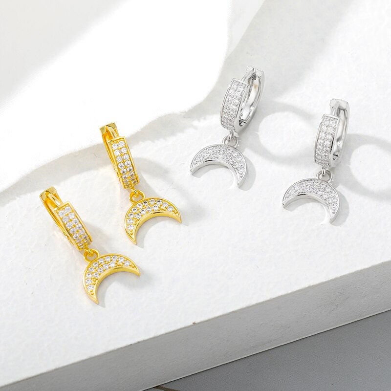Boho Crystal Moon Charm , 18K Gold Everyday Earrings, Dainty Minimalist Jewelry, Delicate Handmade  for Women, Gift for Her