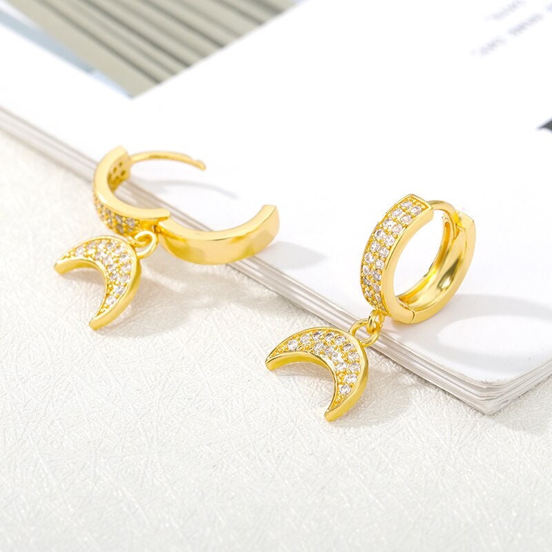 Boho Crystal Moon Charm , 18K Gold Everyday Earrings, Dainty Minimalist Jewelry, Delicate Handmade  for Women, Gift for Her