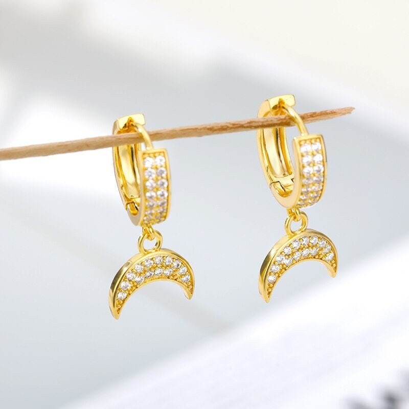 Boho Crystal Moon Charm , 18K Gold Everyday Earrings, Dainty Minimalist Jewelry, Delicate Handmade  for Women, Gift for Her