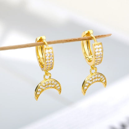 Boho Crystal Moon Charm , 18K Gold Everyday Earrings, Dainty Minimalist Jewelry, Delicate Handmade  for Women, Gift for Her