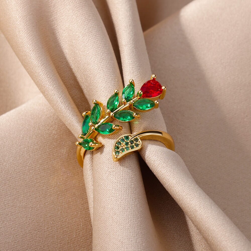 Boho Red Rose Vine Charm, 18K Gold Yogi Stackable Ring, Dainty Minimalist Jewelry, Delicate Handmade for Women, Gift for Her