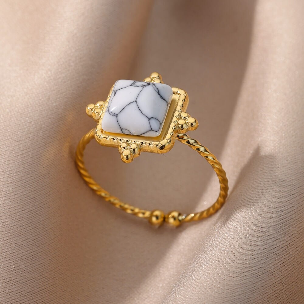 Punk Square Moonstone, 18K Gold Gothic Stackable Ring, Dainty Minimalist Jewelry, Delicate Handmade for Women, Gift for Her