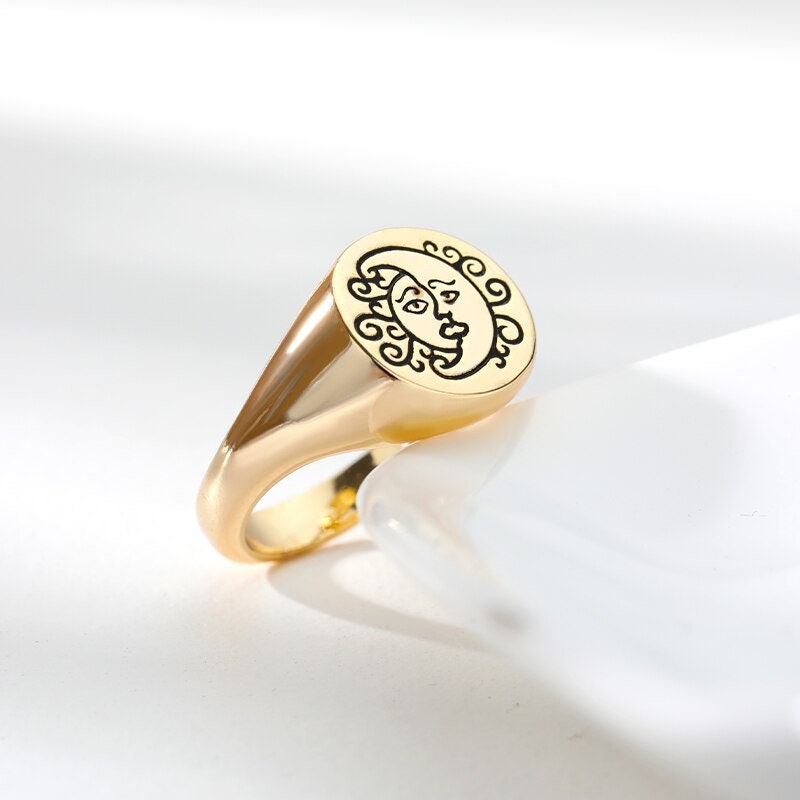 Punk Tarot Sun Moon Signet, 18K Gold Gothic Stackable Ring, Dainty Minimalist Jewelry, Delicate Handmade for Women, Gift for Her