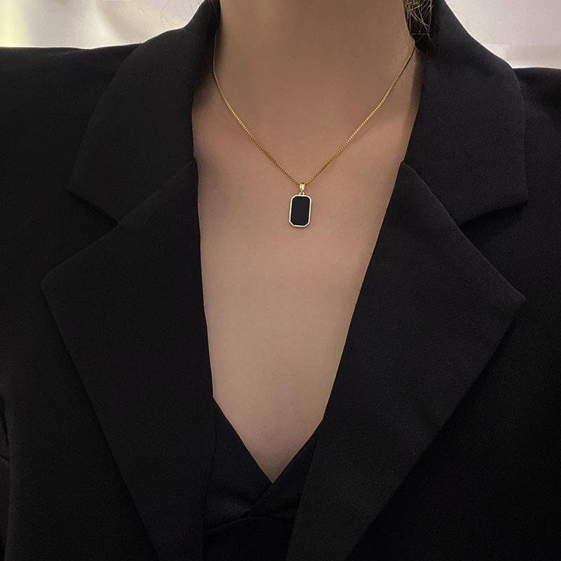 Punk Black Square Pendant, 18K Gold Layered Necklace, Gothic Dainty Minimalist Jewelry, Delicate Handmade for Women, Gift for Her