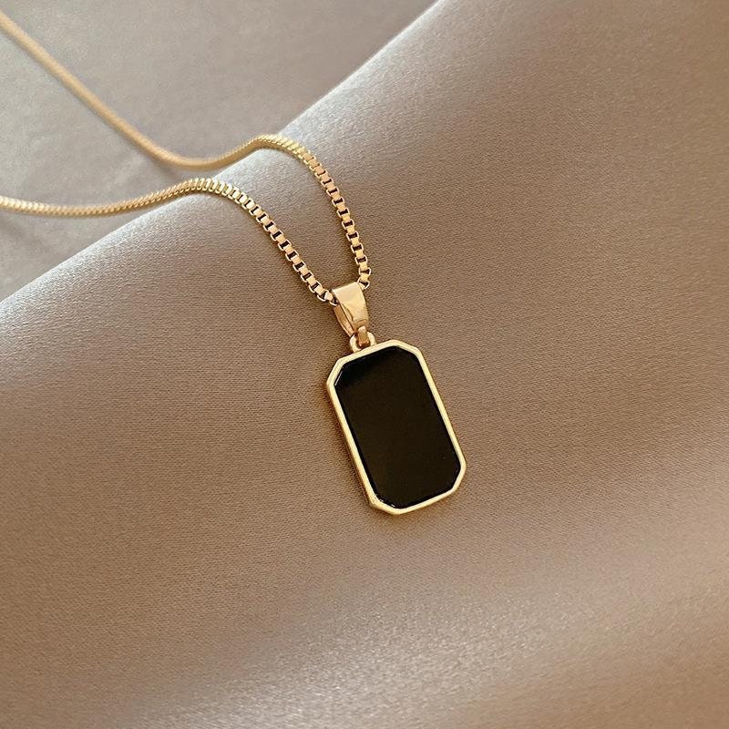 Punk Black Square Pendant, 18K Gold Layered Necklace, Gothic Dainty Minimalist Jewelry, Delicate Handmade for Women, Gift for Her