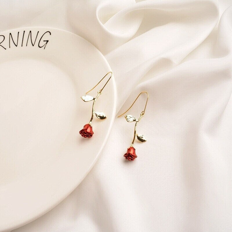 Boho Rose Flower Drop Dangle, 18K Gold Everyday Earrings, Dainty Minimalist Jewelry, Delicate Handmade  for Women, Gift for Her