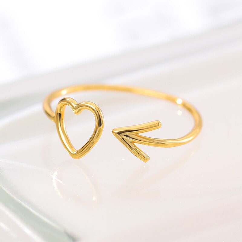 Boho Heart Arrow Cupid Cute, 18K Gold Yogi Stackable Ring, Dainty Minimalist Jewelry, Delicate Handmade for Women, Gift for Her
