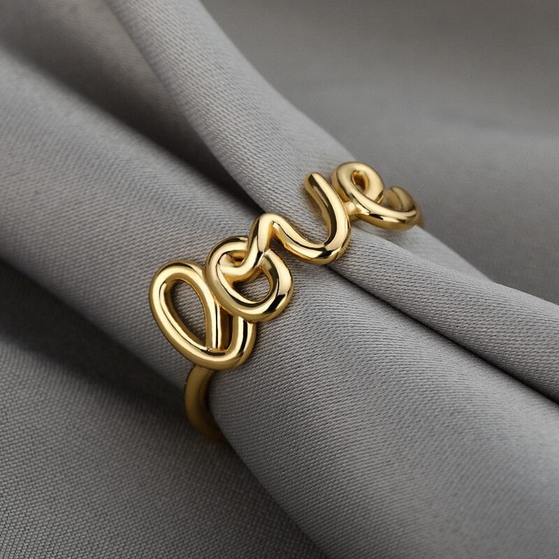 Punk Cute Love Script, 18K Gold Gothic Stackable Ring, Dainty Minimalist Jewelry, Delicate Handmade for Women, Gift for Her