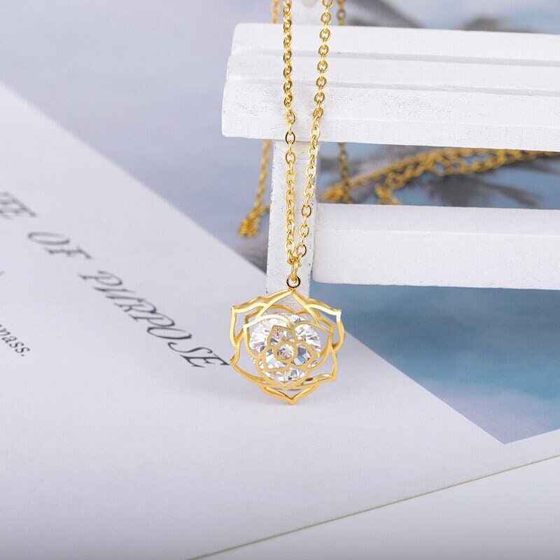 Boho Crystal Charm Flower Rose Pendant, 18K Gold Layered Yogi Necklace, Dainty Minimalist Jewelry, Delicate Handmade for Women, Gift for Her