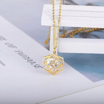 Boho Crystal Charm Flower Rose Pendant, 18K Gold Layered Yogi Necklace, Dainty Minimalist Jewelry, Delicate Handmade for Women, Gift for Her