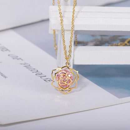 Boho Crystal Charm Flower Rose Pendant, 18K Gold Layered Yogi Necklace, Dainty Minimalist Jewelry, Delicate Handmade for Women, Gift for Her