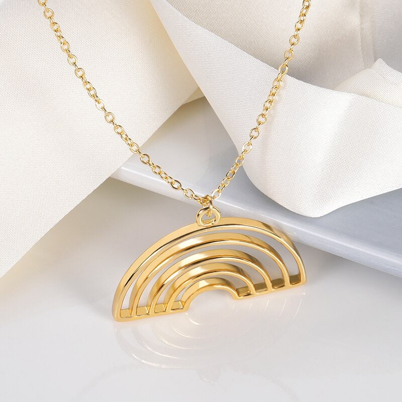 Boho Rainbow Pendant, 18K Gold Layered Yogi Necklace, Dainty Minimalist Jewelry, Delicate Handmade for Women, Gift for Her