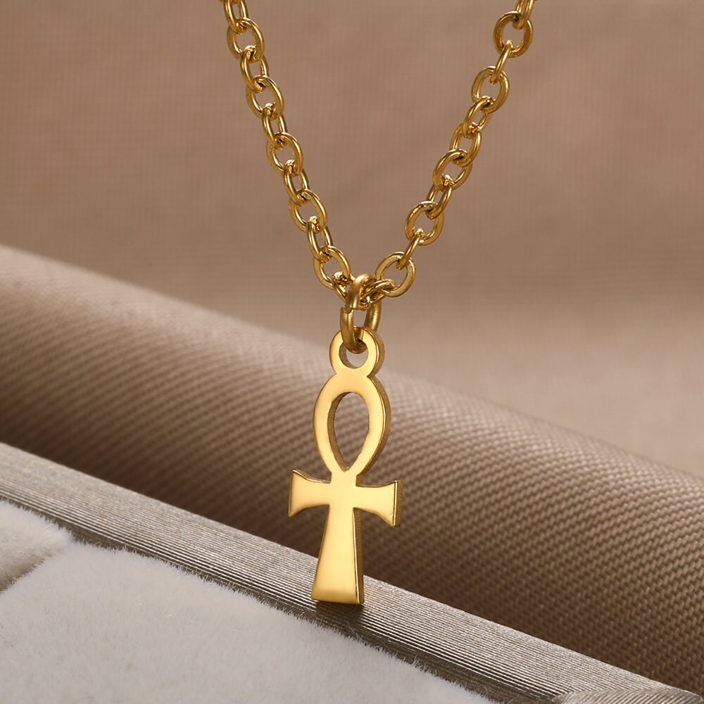 Punk Egyptian Ankh Pendant, 18K Gold Layered Necklace, Gothic Dainty Minimalist Jewelry, Delicate Handmade for Women, Gift for Her