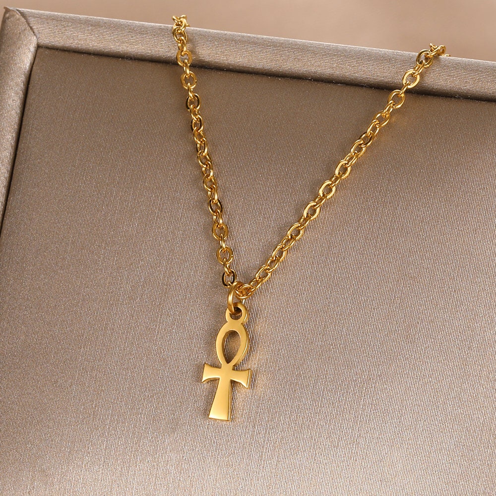 Punk Egyptian Ankh Pendant, 18K Gold Layered Necklace, Gothic Dainty Minimalist Jewelry, Delicate Handmade for Women, Gift for Her