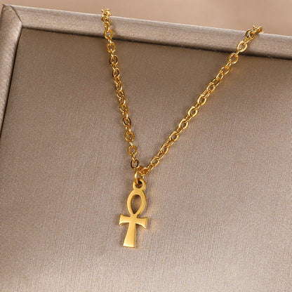 Punk Egyptian Ankh Pendant, 18K Gold Layered Necklace, Gothic Dainty Minimalist Jewelry, Delicate Handmade for Women, Gift for Her
