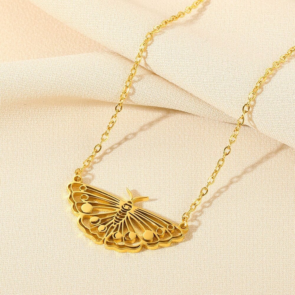 Punk Night Moth Pendant, 18K Gold Layered Necklace, Gothic Dainty Minimalist Jewelry, Delicate Handmade for Women, Gift for Her