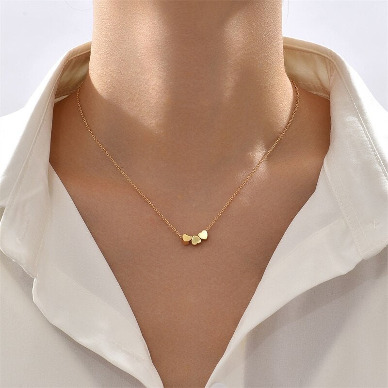 Boho Cute Triple Heart Charm Pendant, 18K Gold Layered Yogi Necklace, Dainty Minimalist Jewelry, Delicate Handmade for Women, Gift for Her