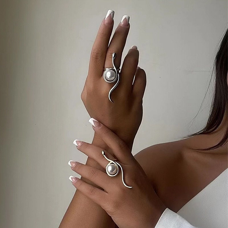 Punk Snake Ring, 18K Gold Snake Ring, Gothic Snake Ring, Imitation Pearl Snake Ring, Punk Fashion Ring for Women, Gift for Her