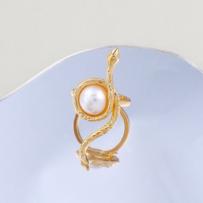 Punk Snake Ring, 18K Gold Snake Ring, Gothic Snake Ring, Imitation Pearl Snake Ring, Punk Fashion Ring for Women, Gift for Her
