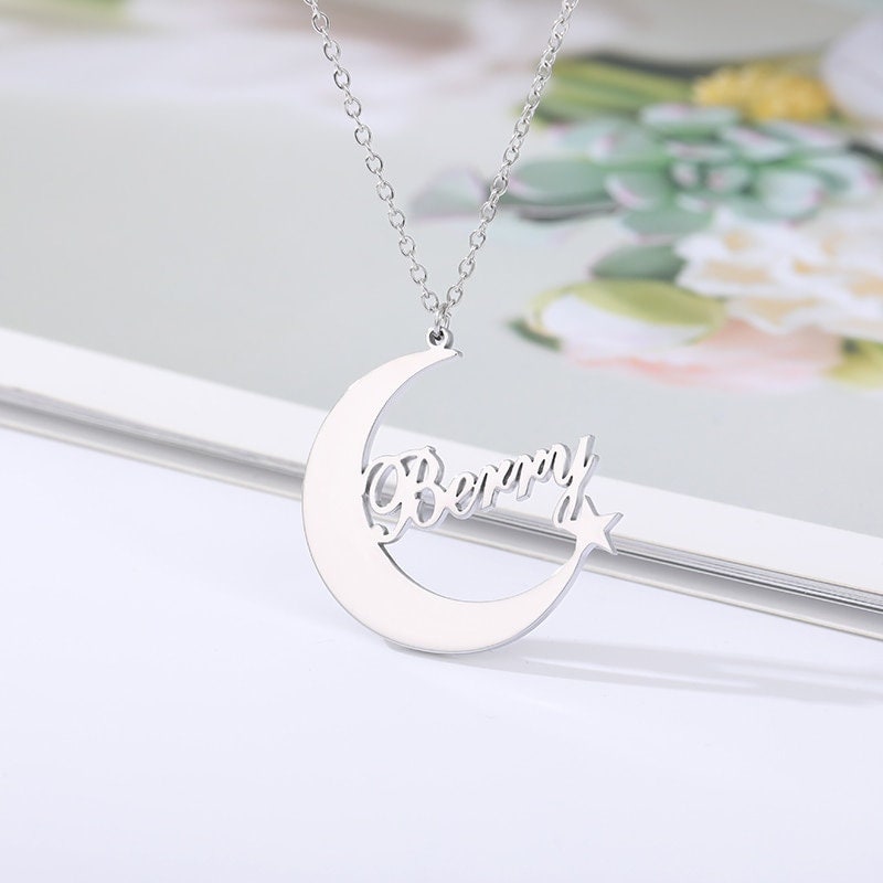 Custom Name Necklace, 18K Gold Name Necklace, Gold Moon Necklace, Moon Name Necklace, Personalized Name Moon Necklace for Women