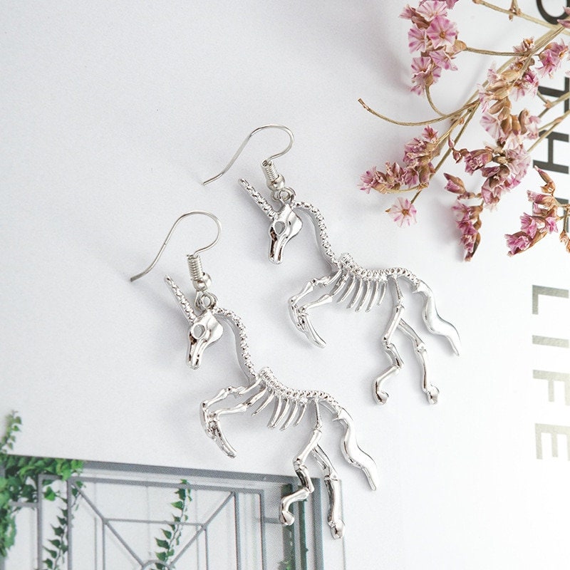 Punk Horse Skeleton Drop Dangle, 18K Gold Everyday Earrings, Gothic Dainty Minimalist Jewelry, Delicate Handmade for Women, Gift for Her