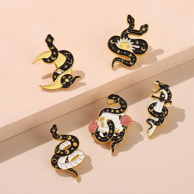 Punk Snake Black Mamba Moon , 18K Gold Everyday Brooch Pin, Gothic Dainty Minimalist Jewelry, Delicate Handmade for Women, Gift for Her