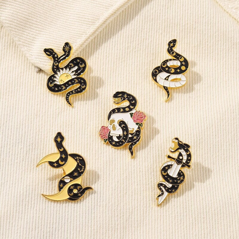 Punk Snake Black Mamba Moon , 18K Gold Everyday Brooch Pin, Gothic Dainty Minimalist Jewelry, Delicate Handmade for Women, Gift for Her