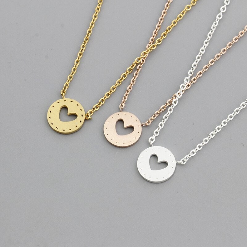 Boho Cute Heart Round Coin Pendant, 18K Gold Layered Yogi Necklace, Dainty Minimalist Jewelry, Delicate Handmade for Women, Gift for Her