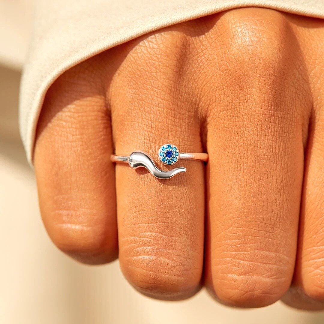 Punk Blue Evil Eye Amulet, Silver Gothic Stackable Ring, Dainty Minimalist Jewelry, Delicate Handmade for Women, Gift for Her