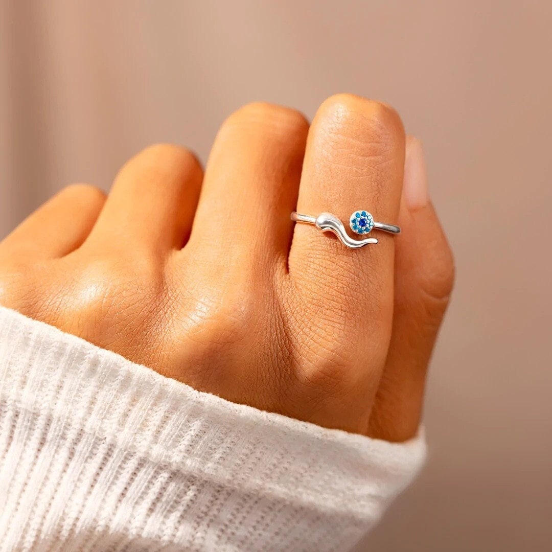 Punk Blue Evil Eye Amulet, Silver Gothic Stackable Ring, Dainty Minimalist Jewelry, Delicate Handmade for Women, Gift for Her