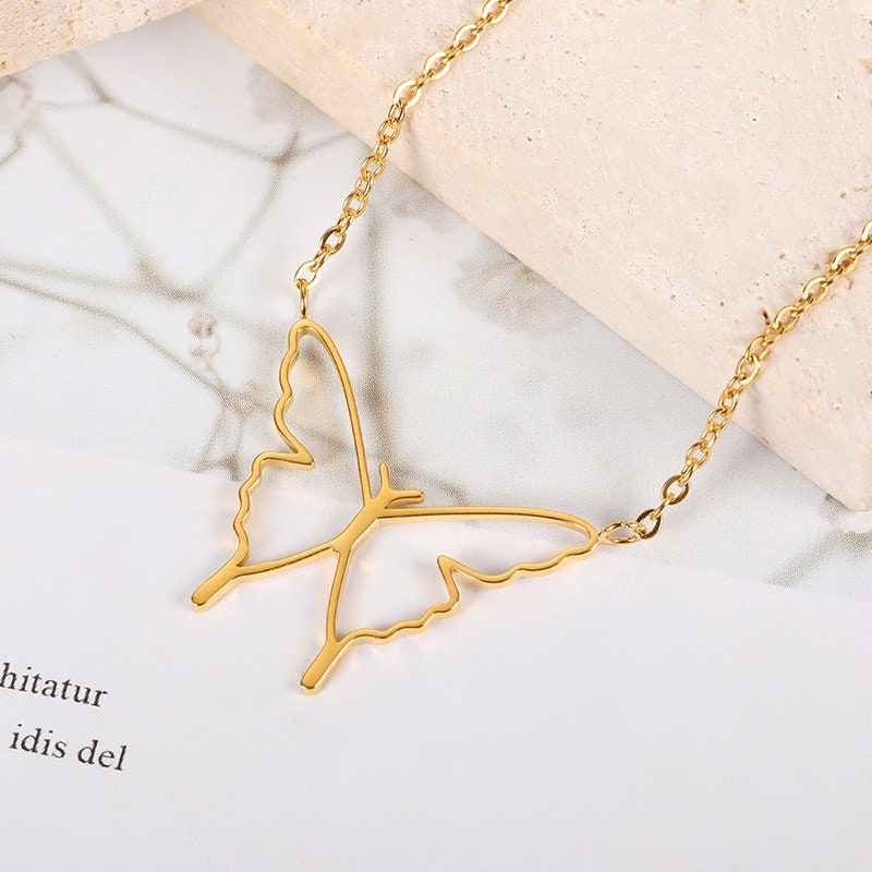 Boho Hollow Butterfly Pendant, 18K Gold Layered Yogi Necklace, Dainty Minimalist Jewelry, Delicate Handmade for Women, Gift for Her