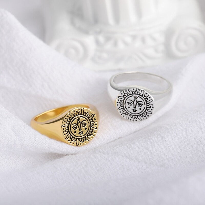 Punk Sun Moon Face, 18K Gold Gothic Stackable Ring, Dainty Minimalist Jewelry, Delicate Handmade for Women, Gift for Her