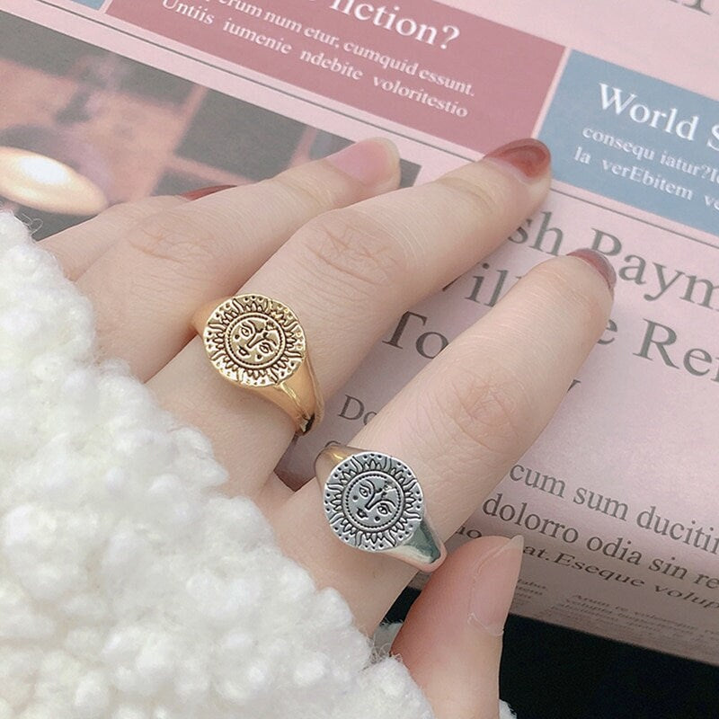 Punk Sun Moon Face, 18K Gold Gothic Stackable Ring, Dainty Minimalist Jewelry, Delicate Handmade for Women, Gift for Her