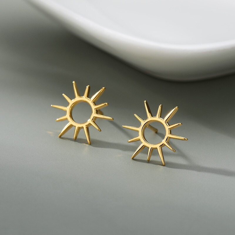 Punk Retro Sun, 18K Gold Everyday Earrings, Gothic Dainty Minimalist Jewelry, Delicate Handmade for Women, Gift for Her