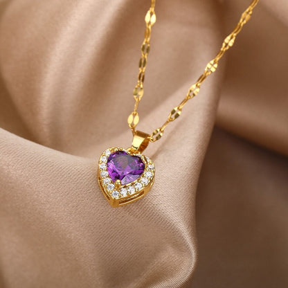 Punk Purple Crystal Heart Pendant, 18K Gold Layered Necklace, Gothic Dainty Minimalist Jewelry, Delicate Handmade for Women, Gift for Her